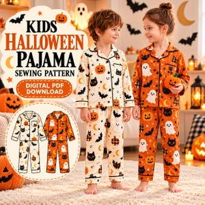 May include: A digital PDF sewing pattern for kids' Halloween pajamas. The image displays two sets of pajamas: one with a cream background and one with an orange background, both featuring repeating patterns of pumpkins, ghosts, bats, and black cats.