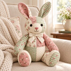 Patchwork Bunny Sewing Pattern, Floral Cotton, Embroidered Features (Digital Download)