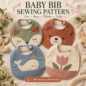 Naaipatroon voor een baby slabbetje (PDF), met applicaties van vos, beer, walvis en tulp, geïllustreerde handleiding, optioneel opbergvakje, digitale download.