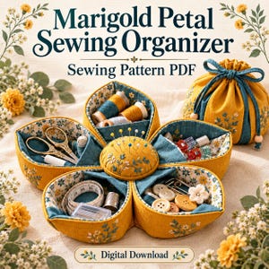 May include: A fabric sewing organizer shaped like a marigold flower with mustard yellow and teal petals, containing sewing supplies like scissors, thread, buttons, and a pincushion. The text reads Marigold Petal Sewing Organizer Sewing Pattern PDF.