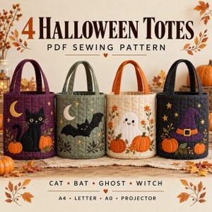 Könnte beinhalten: Ein PDF-Schnittmuster für 4 Halloween-Taschen mit Motiven von schwarzer Katze, Fledermaus, Geist und Hexenhut. Jede gesteppte Tasche ist mit Kürbissen, Sternen und Monden verziert. Der Text lautet 4 HALLOWEEN TOTES PDF SEWING PATTERN.