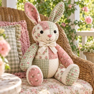 Patchwork Bunny Sewing Pattern, Floral Cotton, Embroidered Features (Digital Download)