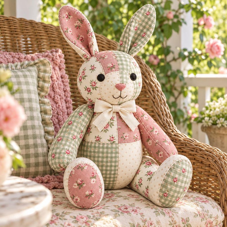 Patchwork Bunny Sewing Pattern, Floral Cotton, Embroidered Features (Digital Download)