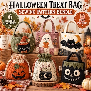 May include: A sewing pattern bundle for six Halloween treat bags featuring quilted designs of a black cat, a ghost with a pumpkin, a bat with a moon, a jack-o'-lantern, a cauldron, and a Frankenstein-style monster with drawstring or handle closures.