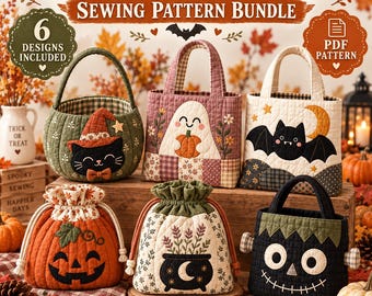 Könnte beinhalten: Ein Näh-Schnittmuster-Set für sechs Halloween-Geschenktaschen mit gesteppten Motiven wie schwarzer Katze, Geist, Fledermaus, Kürbis, Hexenkessel und Monster, ausgestattet mit Kordelzügen oder Tragegriffen.