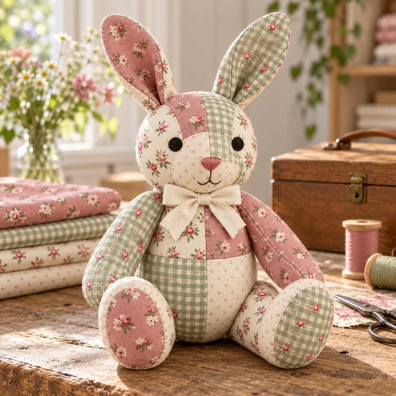 Patchwork Bunny Sewing Pattern, Floral Cotton, Embroidered Features (Digital Download)