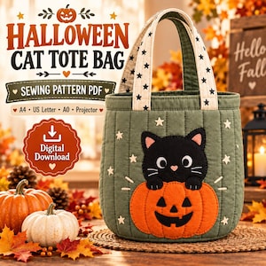 Può includere: Una borsa trapuntata verde oliva con un'applicazione di gatto nero che emerge da una zucca arancione. La borsa ha manici color crema con un motivo a stelle nere. Il testo sull'immagine recita HALLOWEEN CAT TOTE BAG.