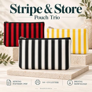 Zipper Pouch Sewing Pattern PDF, Striped Lined Makeup Bag, Cosmetic Organizer, Rounded Corners, Photo Tutorial, A4 US Letter, Pdf Download