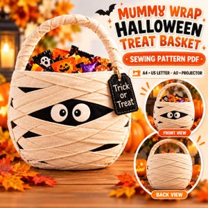 Puede incluir: Un patrón de costura PDF para una cesta de dulces de Halloween con diseño de momia, hecha de tiras de tela beige con dos ojos blancos sobre fondo negro y una etiqueta negra con el texto Trick or Treat. Incluye archivos A4, US Letter, A0 y proyector.
