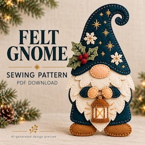 May include: A felt gnome sewing pattern PDF download featuring a dark teal hat with embroidered gold stars and white snowflakes, a holly sprig, a cream beard, and a brown lantern. The text reads FELT GNOME SEWING PATTERN PDF DOWNLOAD.