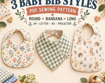 Könnte beinhalten: Ein PDF-Schnittmuster für 3 Baby-Lätzchen-Stile: rund, Bandana und lang. Das Bild zeigt drei fertige Lätzchen: eines mit Blumenmuster, eines mit grünem Vichy-Karo und eines mit Hasen- und Igel-Motiv, alle mit weißen Druckknöpfen versehen.