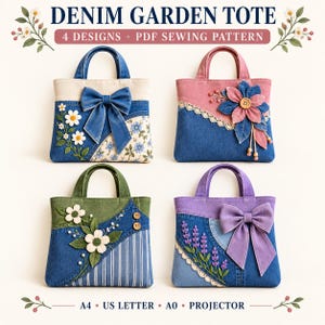 Può includere: Quattro borse tote da giardino in denim con cartamodello PDF. Le borse presentano ricami floreali, fiocchi in tessuto, bordi in pizzo e bottoni nei colori blu, rosa, verde e viola. Testo: DENIM GARDEN TOTE, 4 DESIGNS, PDF SEWING PATTERN, A4, US LETTER, A0, PROJECTOR.