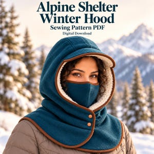 Puede incluir: Una capucha de invierno de forro polar azul verdoso con forro de sherpa blanco, ribete marrón y dos botones frontales. El texto dice Alpine Shelter Winter Hood Sewing Pattern PDF Digital Download. Incluye una mascarilla facial a juego.