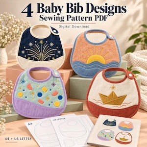 May include: Four baby bib designs sewing pattern PDF digital download. The image displays four embroidered bibs: one navy with fireworks, one orange with a sun, one lavender with geometric shapes, and one cream with a paper boat. Includes A4 and US letter paper patterns.
