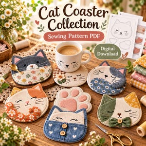 May include: A Cat Coaster Collection sewing pattern PDF digital download featuring various fabric cat-shaped coasters with floral, denim, and gingham patterns, alongside a white cat-faced mug and sewing supplies on a wooden surface.