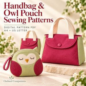 May include: Handbag & Owl Pouch Sewing Patterns, Digital Pattern PDF A4 + US Letter. A small handbag with a magenta body, light green sides, and cream handles, alongside a light green owl-shaped pouch with magenta wings and a zipper.