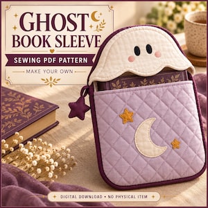 May include: A quilted lavender book sleeve featuring a cream-colored ghost-shaped flap with black eyes and pink cheeks. The front displays a crescent moon and two yellow stars. A dark purple star-shaped zipper pull is attached to the side.