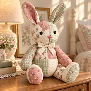 Patchwork Bunny Sewing Pattern, Floral Cotton, Embroidered Features (Digital Download)