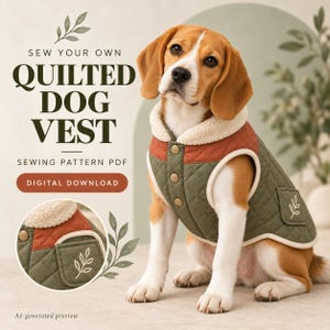 May include: A quilted dog vest with a cream-colored sherpa collar, olive green body, and rust-colored shoulder panel. The vest features snap buttons, a small pocket with a leaf embroidery, and text reading SEW YOUR OWN QUILTED DOG VEST.