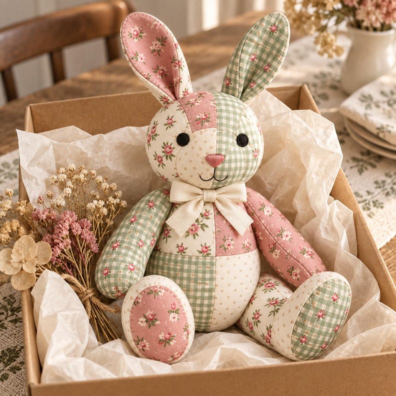Patchwork Bunny Sewing Pattern, Floral Cotton, Embroidered Features (Digital Download)