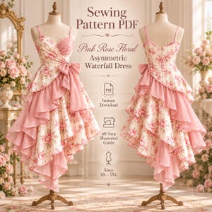 High Low Dress Sewing Pattern PDF, Floral Ruffle Dress with Bow, Women's Summer Dress, Adult M, A4 Letter A0 Projector