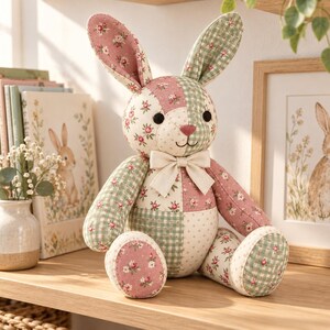 Patchwork Bunny Sewing Pattern, Floral Cotton, Embroidered Features (Digital Download)