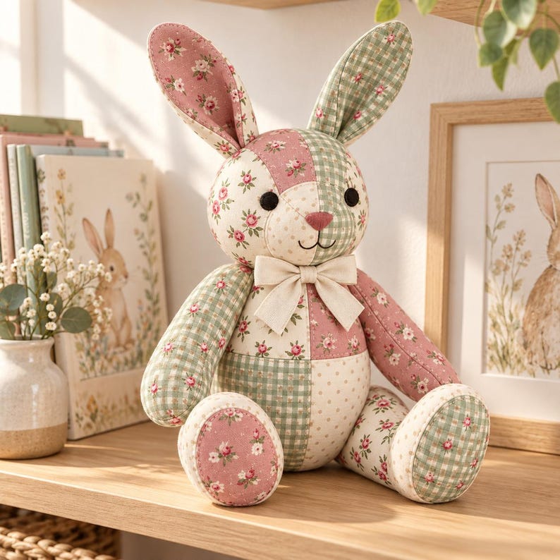 Patchwork Bunny Sewing Pattern, Floral Cotton, Embroidered Features (Digital Download)