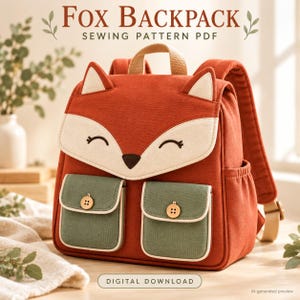 Può includere: Uno zaino a forma di volpe color ruggine con una patta frontale color crema, due tasche anteriori verdi con bottoni in legno e spallacci regolabili. Il testo recita: FOX BACKPACK SEWING PATTERN PDF e DIGITAL DOWNLOAD.