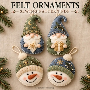 Peut inclure: Quatre décorations en feutrine représentant deux gnomes et deux bonhommes de neige avec des détails brodés. Les gnomes portent des bonnets pointus avec des étoiles et des branches de pin, tenant une étoile et un cadeau. Texte : FELT ORNAMENTS SEWING PATTERN PDF.
