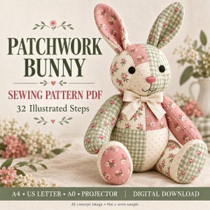Naaipatroon voor een patchworkkonijn (PDF), handleiding voor een knuffelkonijn, stoffen konijn in cottagecore-stijl, 32 geïllustreerde stappen, A4/A0 projectiebestanden