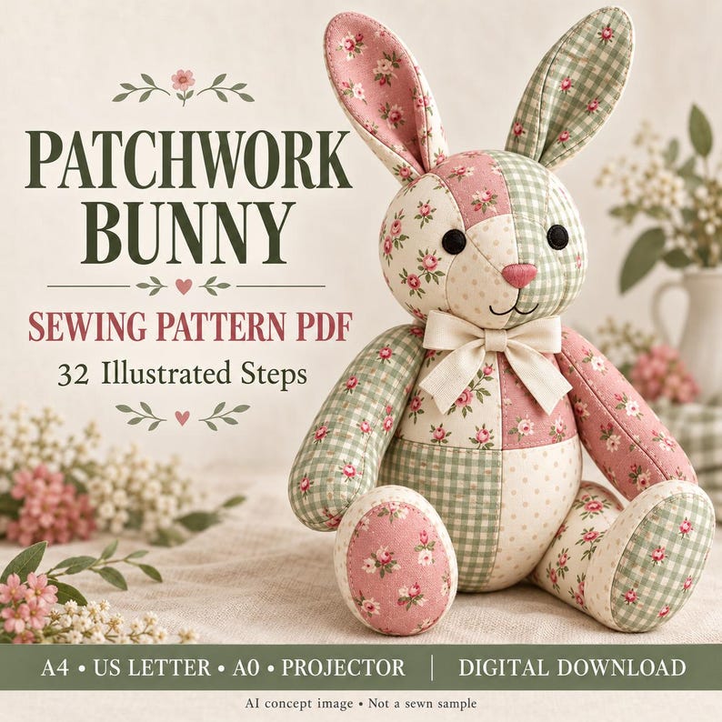 Patchwork Bunny Sewing Pattern, Floral Cotton, Embroidered Features (Digital Download)