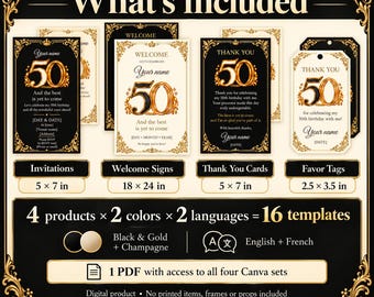 50th Birthday Party Bundle, 16 Editable Canva Templates, Invitations, Welcome Signs, Thank You Cards and Favor Tags, English & French