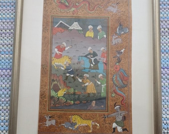 Old Mughal Empire Miniature of a hunting scene Mystical Animals Framed 14x10
