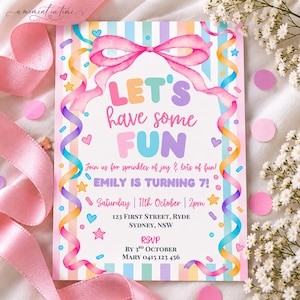May include: A rectangular birthday invitation card featuring a pastel striped background, a large pink bow at the top, and colorful confetti. The text reads: Let's have some fun, Join us for sprinkles of joy & lots of fun! Emily is turning 7!