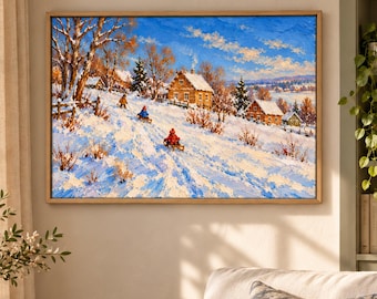 Winter Village Oil Painting, Snow Landscape Wall Art, Children Sledding Painting, European Country Winter Decor, Rustic Cottage Art