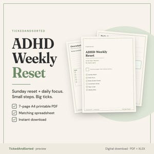 ADHD Veckovis återställningsplanerare | Söndagsåterställning + Daglig fokuschecklista | Utskrivbar PDF Storbritannien