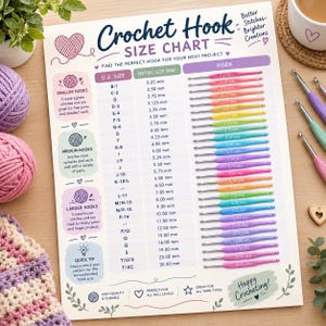 May include: A white informational chart titled Crochet Hook Size Chart with text and illustrations. It lists U.S. and metric sizes from 2.25 mm to 30.00 mm, featuring a column of colorful crochet hooks corresponding to each size measurement.