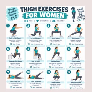 Può includere: Un poster didattico intitolato THIGH EXERCISES FOR WOMEN con dodici illustrazioni numerate di una persona con maglietta verde acqua e leggings scuri che esegue vari squat, affondi e sollevamenti delle gambe con testo e ripetizioni.