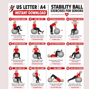 Könnte beinhalten: Ein digitales Übungsplakat mit dem Titel Stability Ball Exercises for Seniors, das zwölf nummerierte Illustrationen einer Person in rotem Oberteil und schwarzer Hose bei Übungen mit einem grauen Gymnastikball sowie schriftliche Anleitungen zeigt.