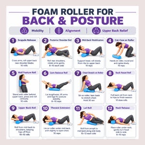 Peut inclure: Un tableau d'instructions intitulé FOAM ROLLER FOR BACK & POSTURE présentant douze illustrations numérotées d'une personne en tenue de sport violette utilisant un rouleau en mousse bleu pour divers exercices de mobilité et d'alignement.