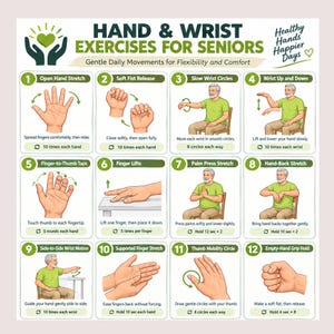 May include: An instructional chart titled Hand & Wrist Exercises for Seniors featuring twelve numbered illustrations of hand movements. Each section includes a green header, a descriptive drawing, and text instructions for daily flexibility exercises.