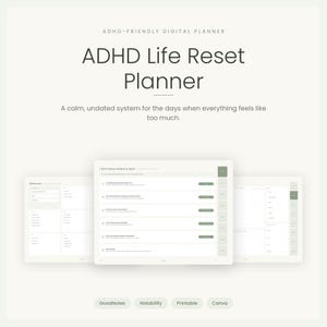 Könnte beinhalten: Ein digitaler Planer mit dem Titel ADHD Life Reset Planner und dem Untertitel A calm, undated system for the days when everything feels like too much. Das Bild zeigt drei Tablet-Bildschirme mit Organisationslayouts und salbeigrünen Akzenten.