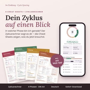 Könnte beinhalten: Vier DIN A4 Cheat Sheets und ein Smartphone mit einer Zyklus-Web-App. Die Blätter enthalten deutschen Text zu den Zyklusphasen, während das Telefondisplay einen kreisförmigen Zyklus-Tracker und anstehende Termine anzeigt.