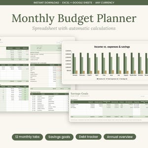 Könnte beinhalten: Eine digitale monatliche Budgetplaner-Tabelle mit automatischen Berechnungen. Die Benutzeroberfläche umfasst einen Bereich Month at a Glance, ein Balkendiagramm Income vs. expenses & savings und eine Tabelle Savings Goals. Design in Creme und Olivgrün.