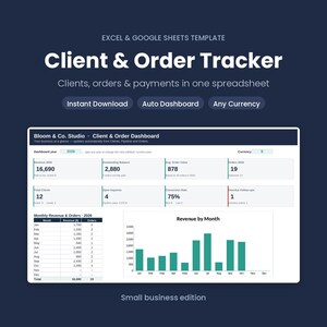 Könnte beinhalten: Eine digitale Tabellenvorlage für Excel und Google Sheets mit dem Titel Client & Order Tracker. Das Dashboard zeigt Geschäftskennzahlen wie Umsatz, ausstehende Beträge, Auftragswerte und ein monatliches Balkendiagramm.