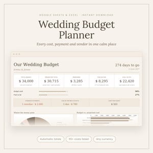 Könnte beinhalten: Eine digitale Hochzeitsbudgetplaner-Vorlage für Google Sheets und Excel. Die Benutzeroberfläche zeigt ein Dashboard mit Feldern für das Gesamtbudget, die prognostizierten Kosten, verbleibende Mittel, Zahlungen und Anbieterkosten mit Diagrammen.