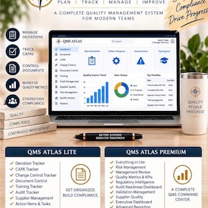 May include: A laptop displaying the QMS ATLAS dashboard with charts and lists, surrounded by a branded tumbler, a pen with the text BETTER SYSTEMS BRIGHTER TOMORROW, and two informational panels detailing QMS ATLAS LITE and QMS ATLAS PREMIUM features.