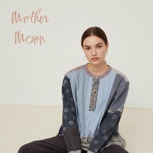 Autumn Patchwork Tunic Shirt with Gathered Neck, Covered Buttons & Ribbed Cuffs, Handmade Women’s Top