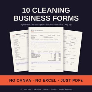 Puede incluir: Un conjunto de 10 formularios para empresas de limpieza que incluyen acuerdos, admisión, presupuestos, facturas, listas de verificación y registros de llaves. Documentos PDF rellenables en tamaños US Letter y A4 con un diseño profesional.