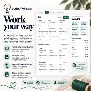 Könnte beinhalten: Eine digitale Benutzeroberfläche für ein geschäftliches Kalkulationstool namens codeofwhisper. Der Bildschirm zeigt Felder für Auftragsdetails, Stickpositionen und Kostenaufstellungen, einschließlich Auftragspreis, Gewinn und Margen. Symbole stellen Funktionen wie lokale Browsernutzung dar.